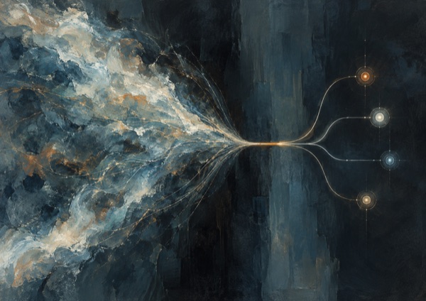 A dense, turbulent field of blue and gold resolves into a single bright point, then divides into four clean lines, each ending in a small marked dial.