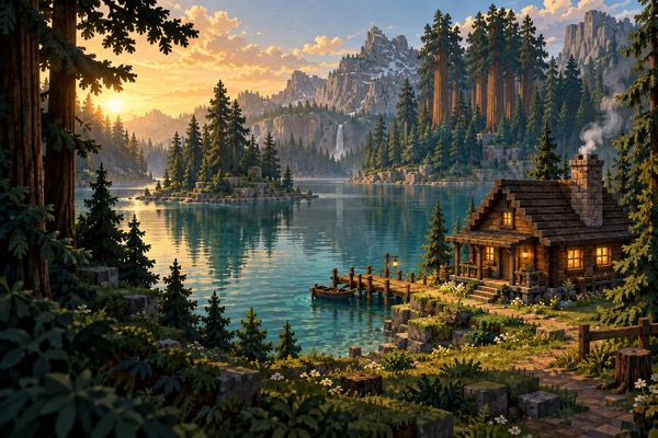 Varjocraft menu illustration: a warmly lit woodland cabin beside a lake at sunset.