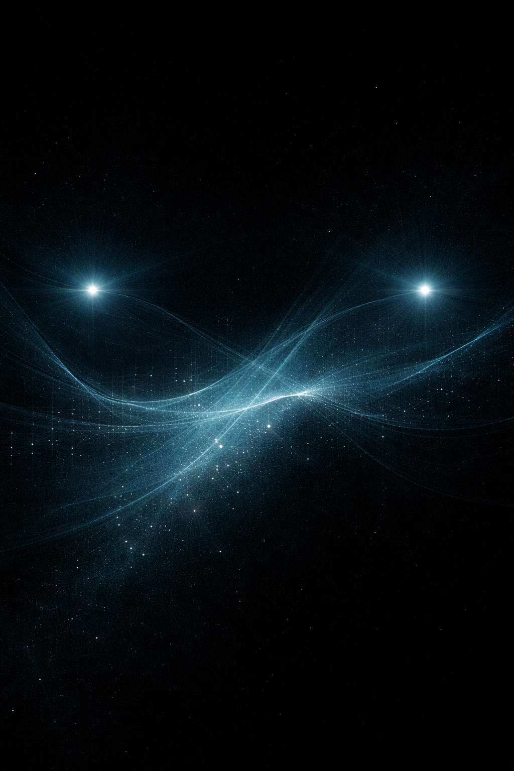 Two points of light in darkness, connected by faint luminous threads